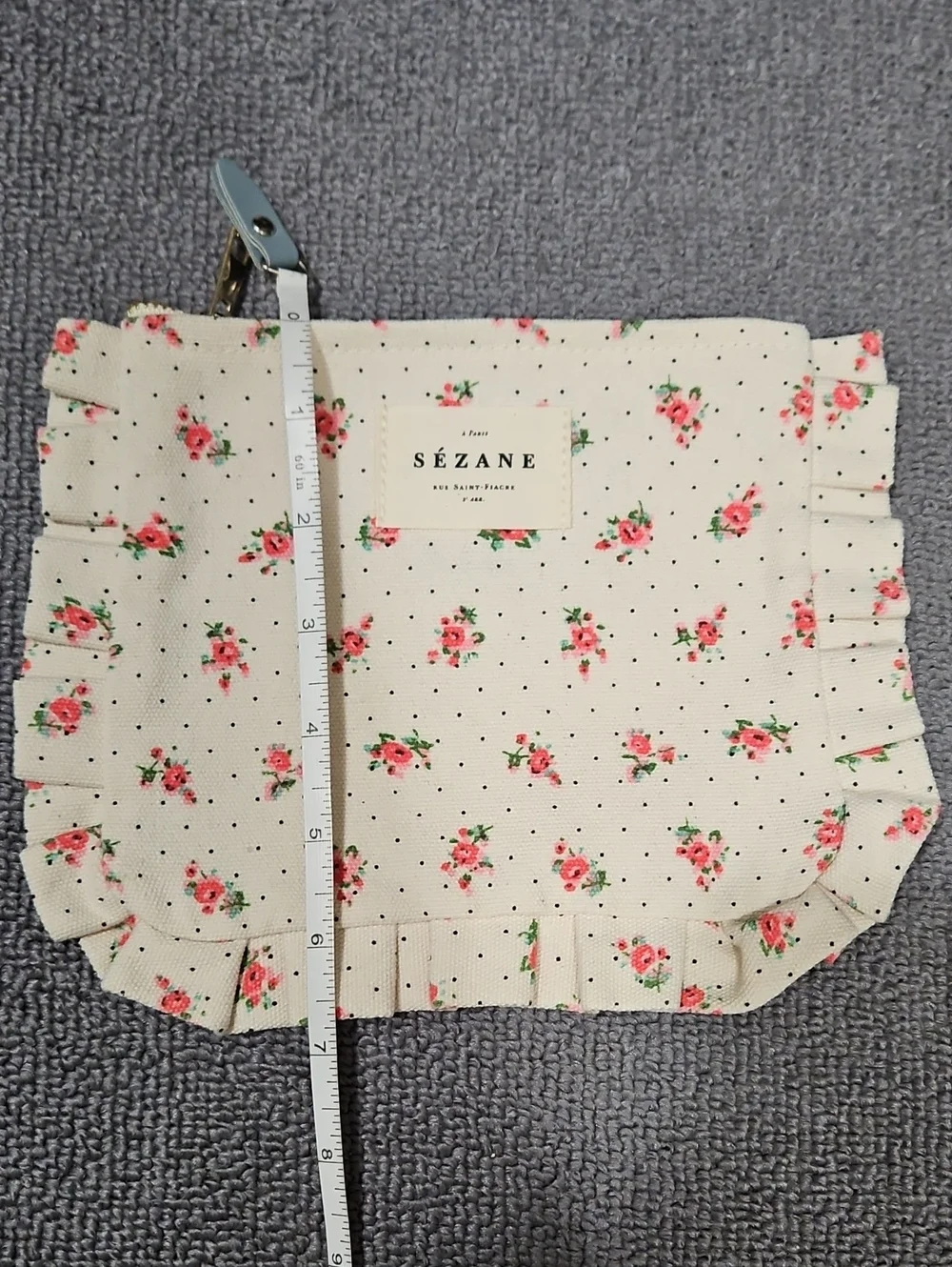 Sézane Floral Ruffle Cosmetic Pouch - Cream with Pink Roses